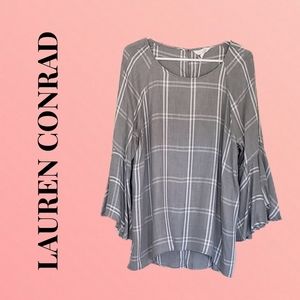 LC Gray Plaid Bell Sleeve Blouse